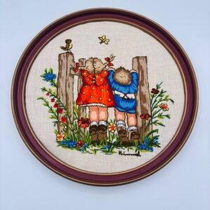 Hummel Crewel Embroidery Children at Fence 13” Round Frame Wall Art